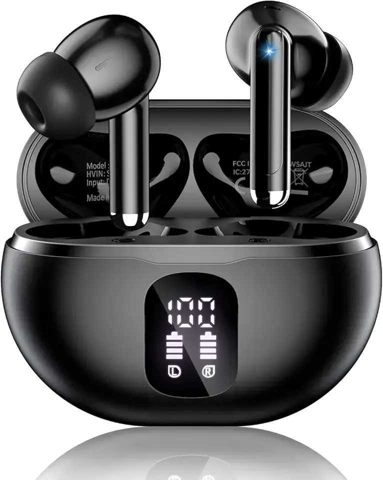 Wireless Earbuds, Bluetooth 5.4 Headphones with 50H Playback, Deep Bass Stereo Ear Buds Clear Calls with LED Power Display, IPX7 Waterproof, in-Ear Earphones with Mic for Phone/Android/iPad, Black
