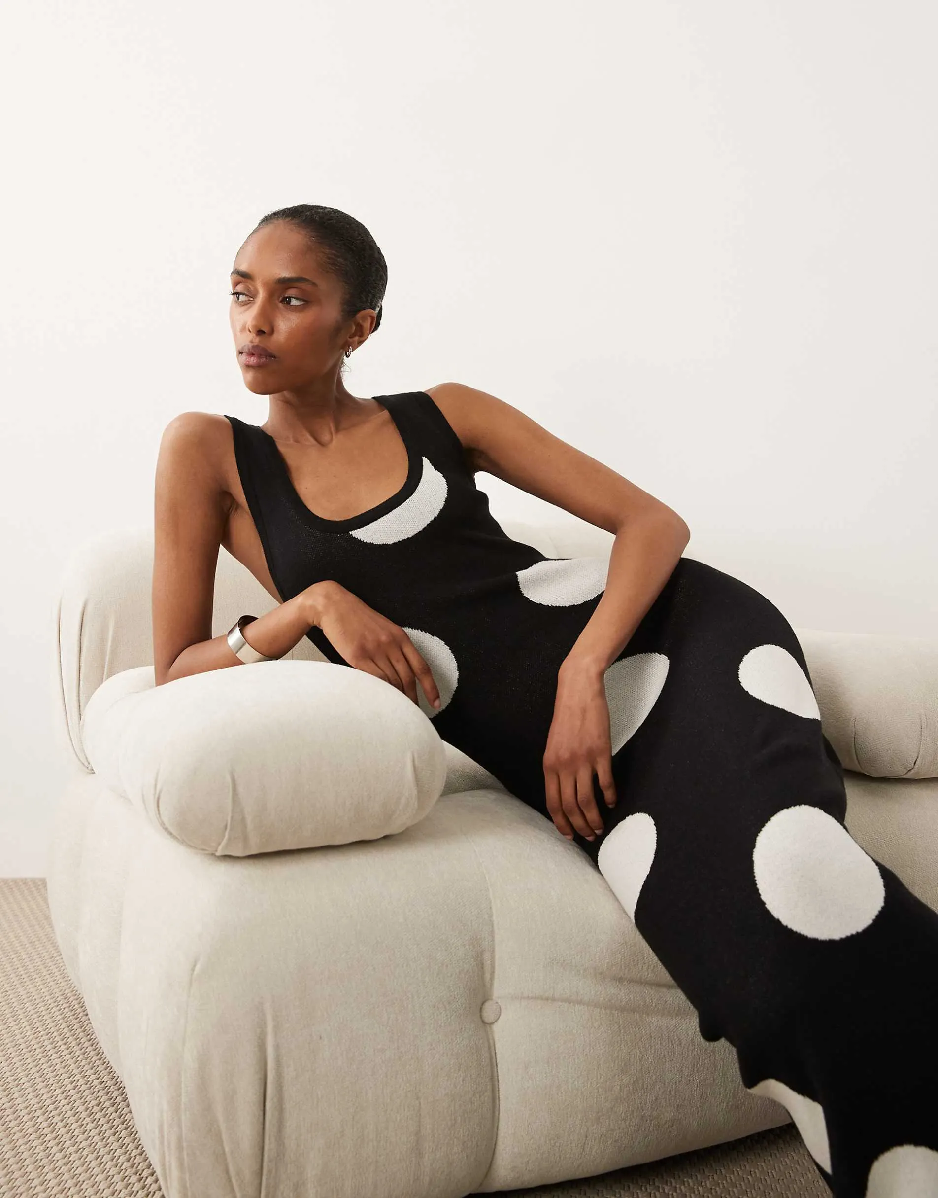 ASOS DESIGN knitted maxi dress in black with ecru polka dots