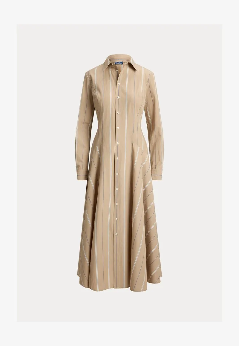 STRIPED COTTON PANELED SHIRTDRESS - Skjortekjole - tan/cream