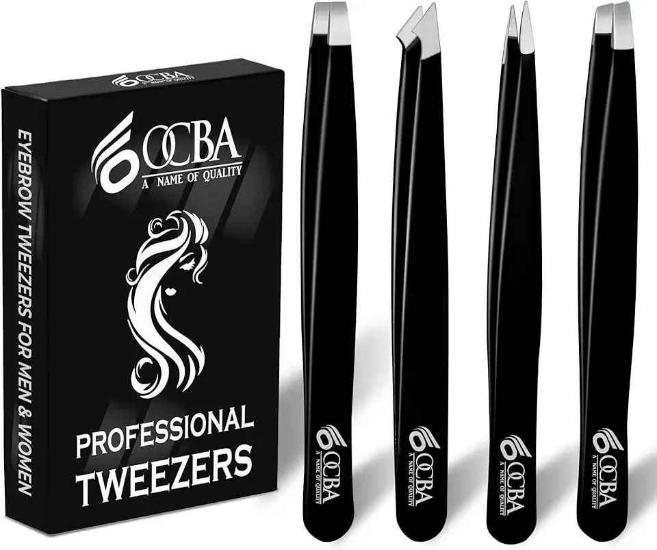 4 Pcs Tweezers for Facial Hair Women & Men for Precise Grooming of Eyebrows - Professional Stainless Steel Black Color Coated Eyebrow Tweezers for Ingrown Hair on Nose Ear
