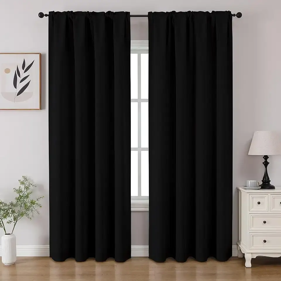 Black Blackout Curtains 84 inch Length 2 Panels Set, Rod Pocket Room Darkening Drapes for Bedroom Living Room, Insulated Thermal Light Blocking Window Curtain (W52 x L84 Inch)