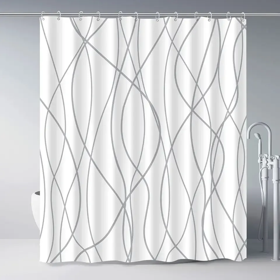Punkray Grey and White Striped Polyester Shower Curtain for Bathroom with Hooks, Curtains 72 Inches Long, Weighted Hem, Waterproof Bath Accessories Hotel Style - Machine Washable