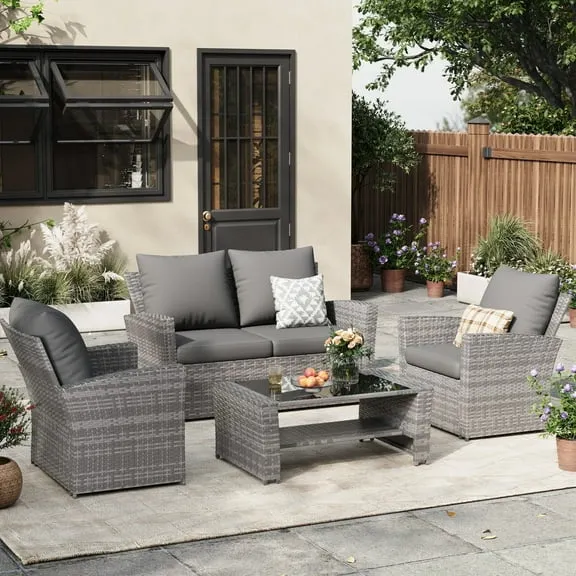ELPOSUN Wicker Patio Furniture Set, 4 Piece Outdoor Sectional Conversation Sets, Gray PE Rattan Patio Sofa Set for Balcony, Porch, Backyard, Grey