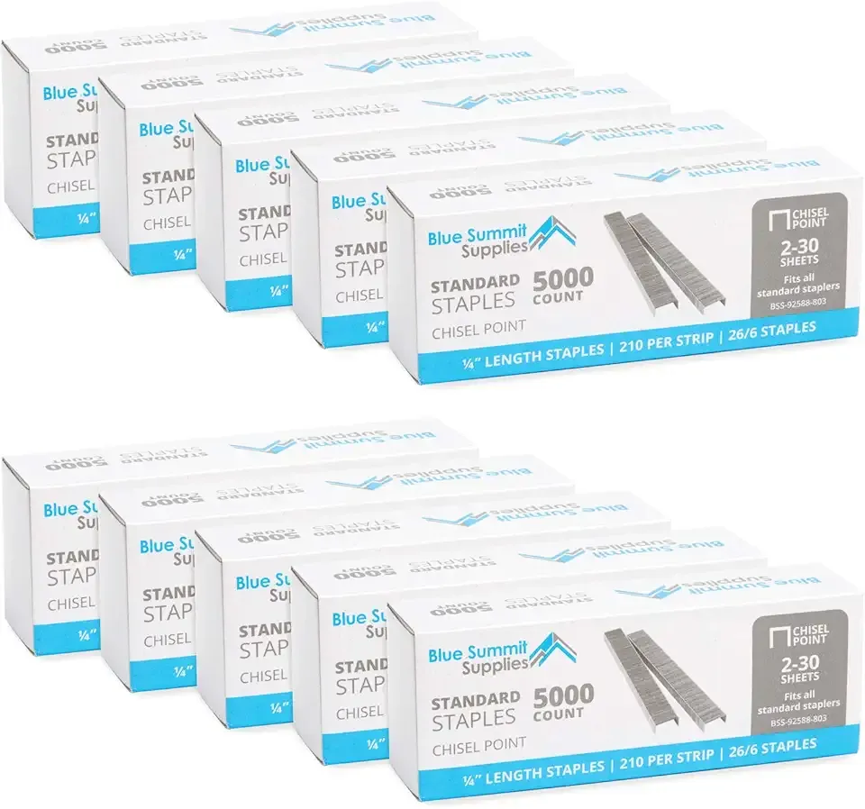 50,000 Staples - 1/4 Inch Length, 210 per Strip, Jam-Free Chisel Point, 10 Boxes of 5,000, Fits Standard Staplers