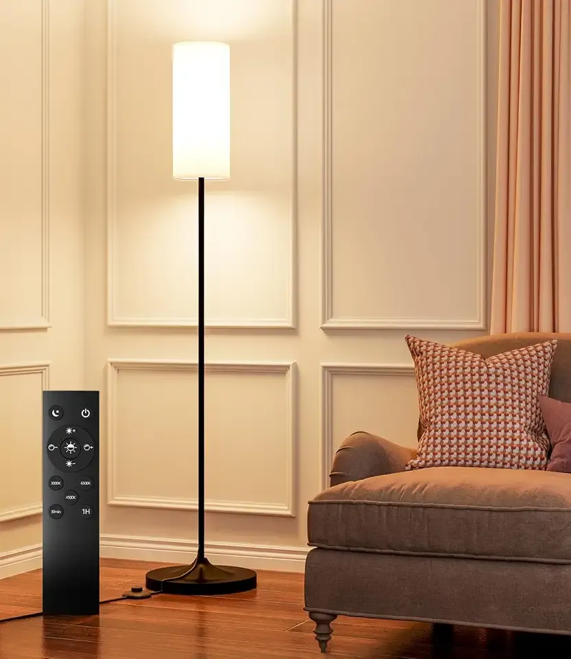 USTO Dimmable Floor Lamp with Remote,12W Led Bulb and Foot Switch, Black | Standing Lamp with Lampshade,Tall Lamp with Remote Custom Color Temperature Pole for Bedroom, Office, Kids & Living Room,