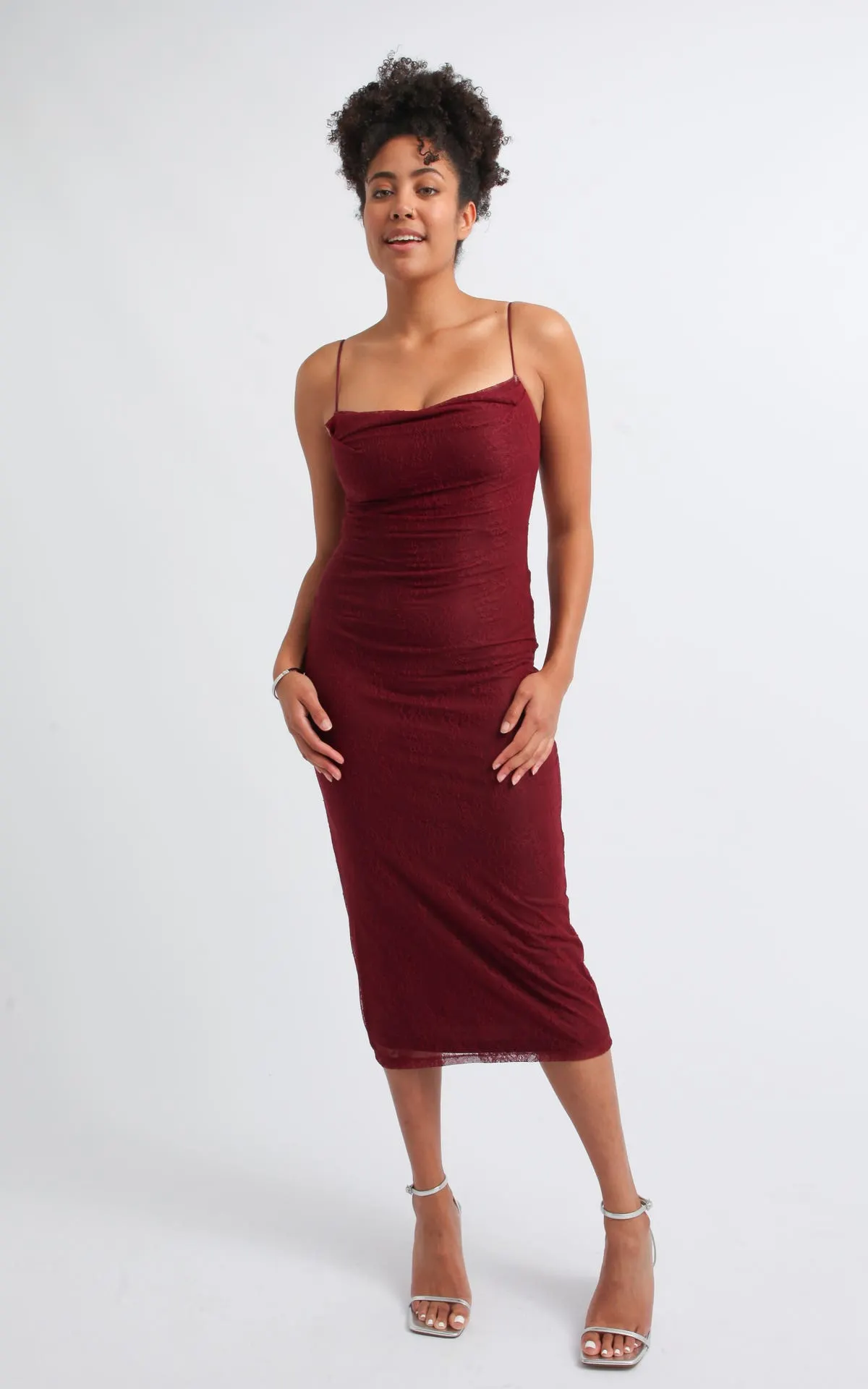 Lace Cowl Strappy Midi Dress