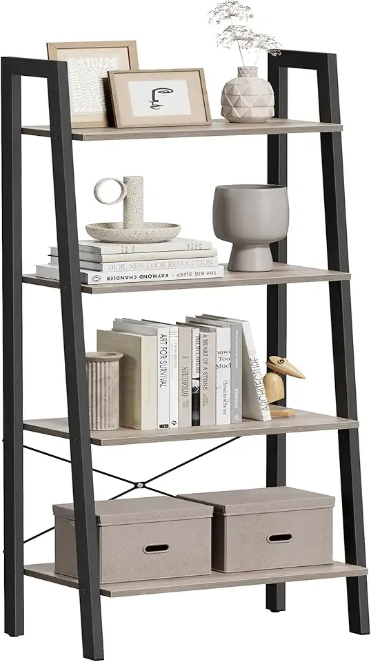 Ladder Shelf, 4-Tier Bookshelf, Storage Rack, Bookcase with Steel Frame, for Living Room, Home Office, Kitchen, Bedroom, Industrial Style, Heather Greige and Ink Black ULLS44MB