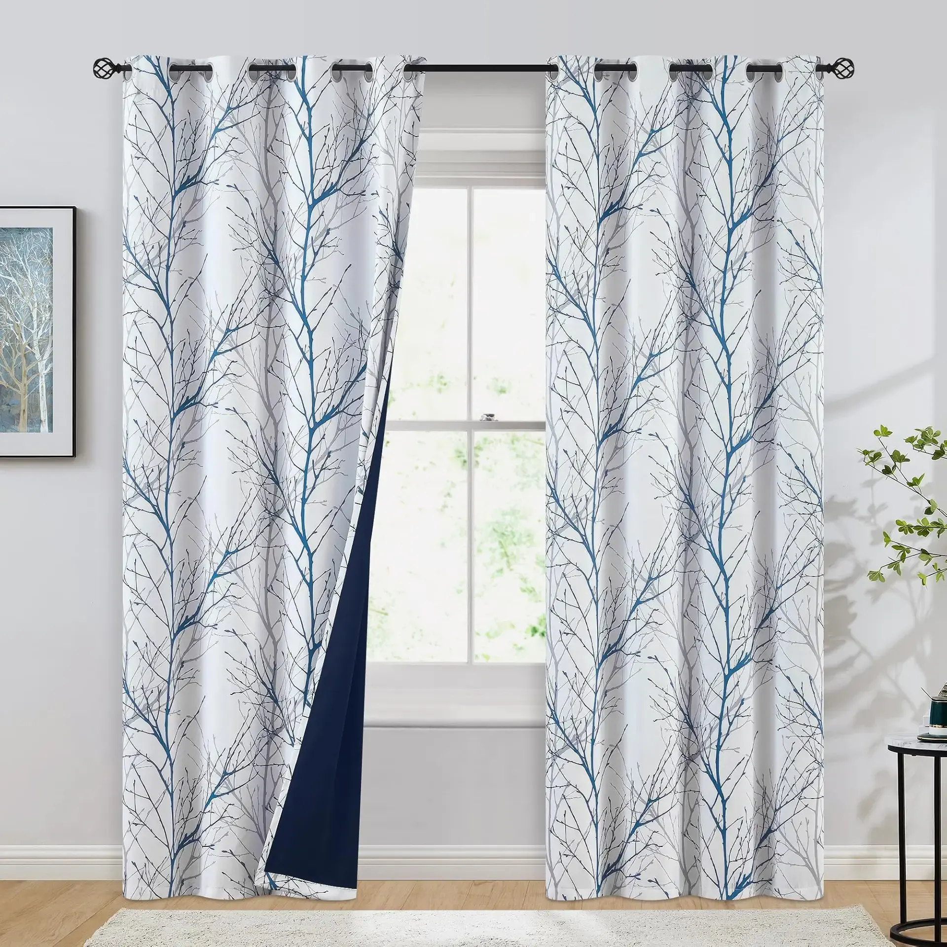 FMFUNCTEX 100% Blackout Curtains for Bedroom, Blue White Tree Curtains 84 Inches Long for Living Room, Grey Farmhouse Room Darkening Window Curtains for Summer Winter 2 Panels Grommet Top