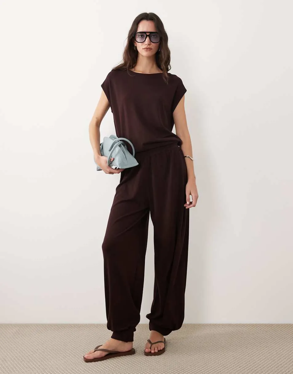 Mango Manis boat neck short sleeve co-ord top & trouser in dark red
