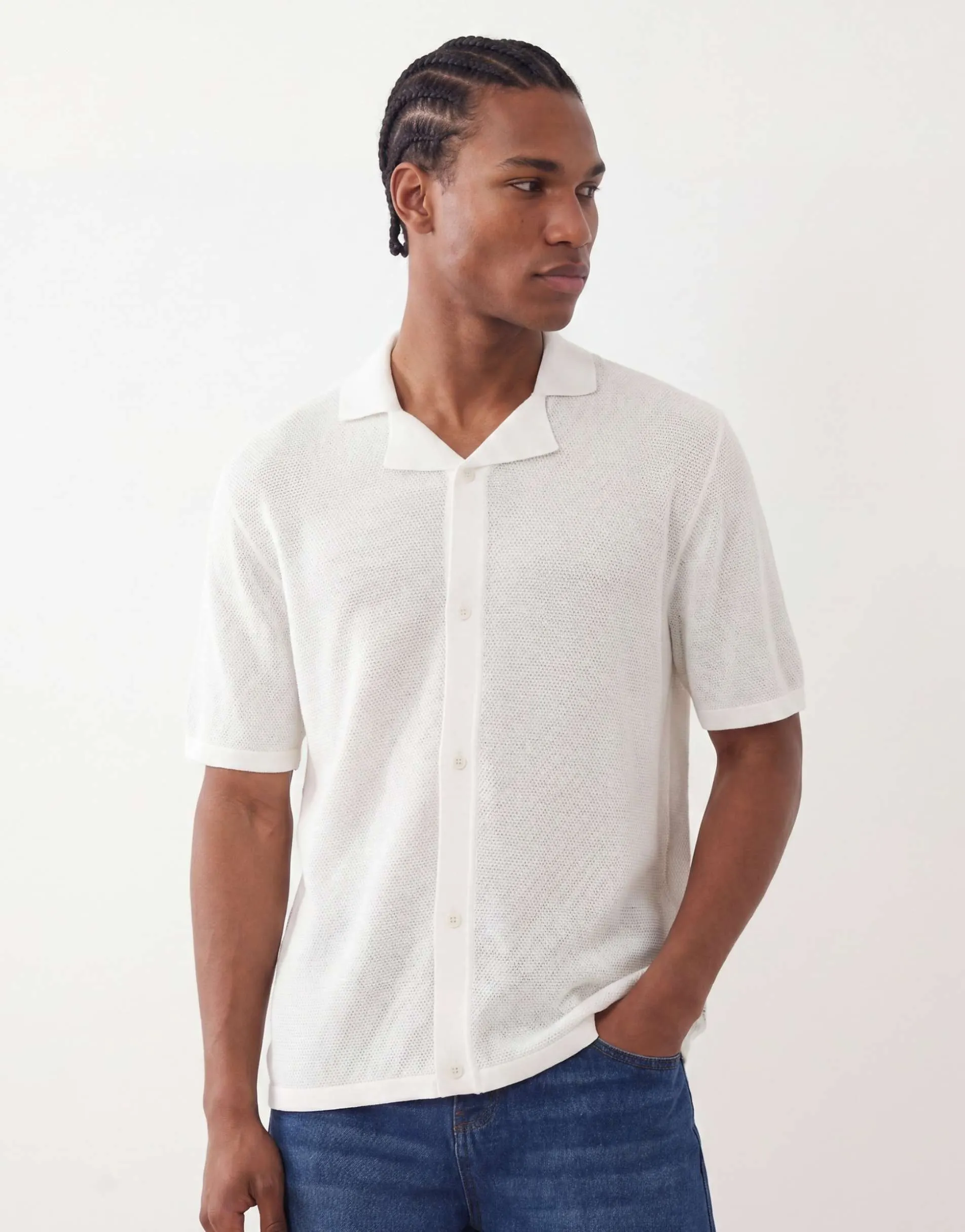 Jack & Jones knitted button through revere collar shirt in cream