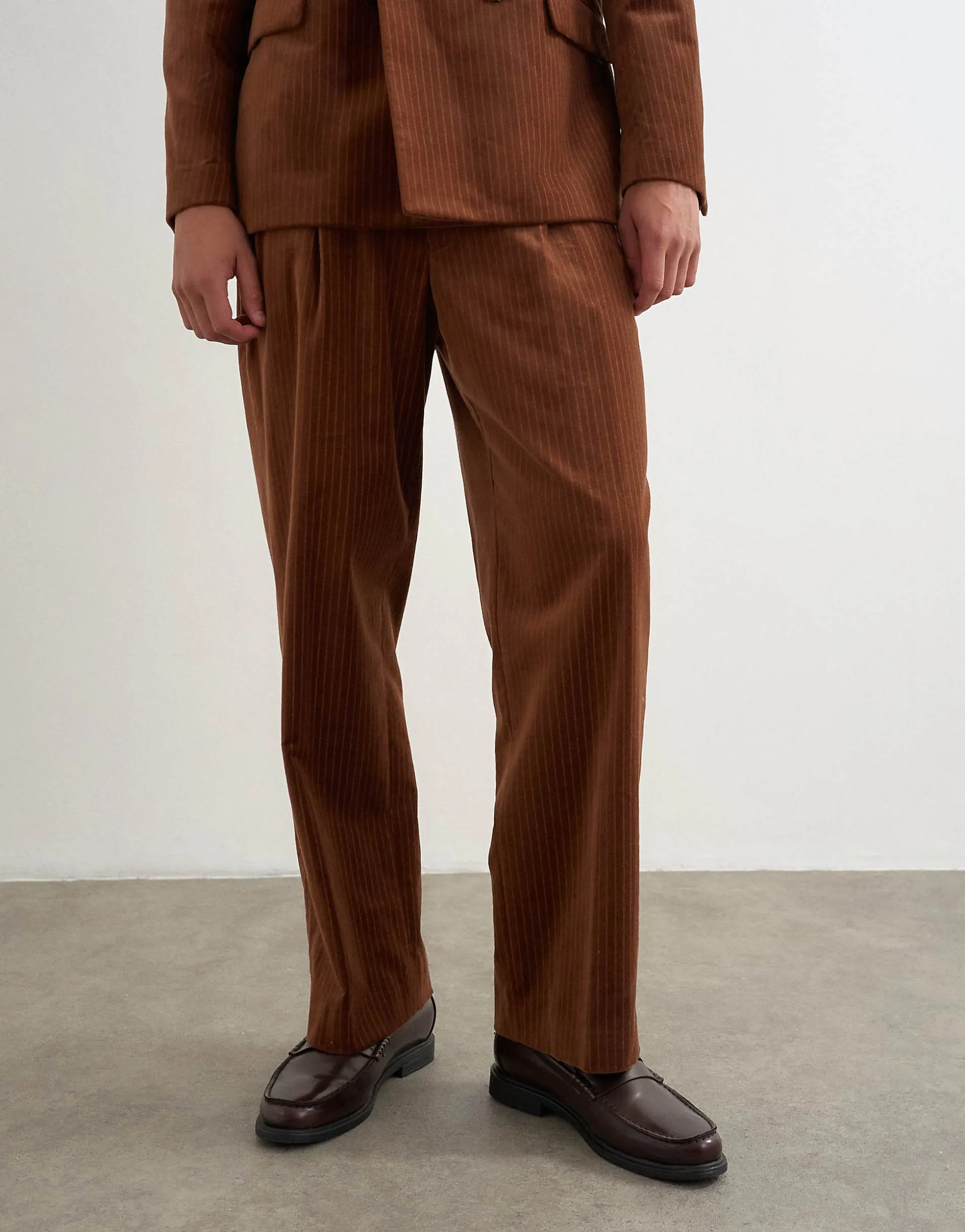 Topman wide leg velour stripe trousers with pleats in tan
