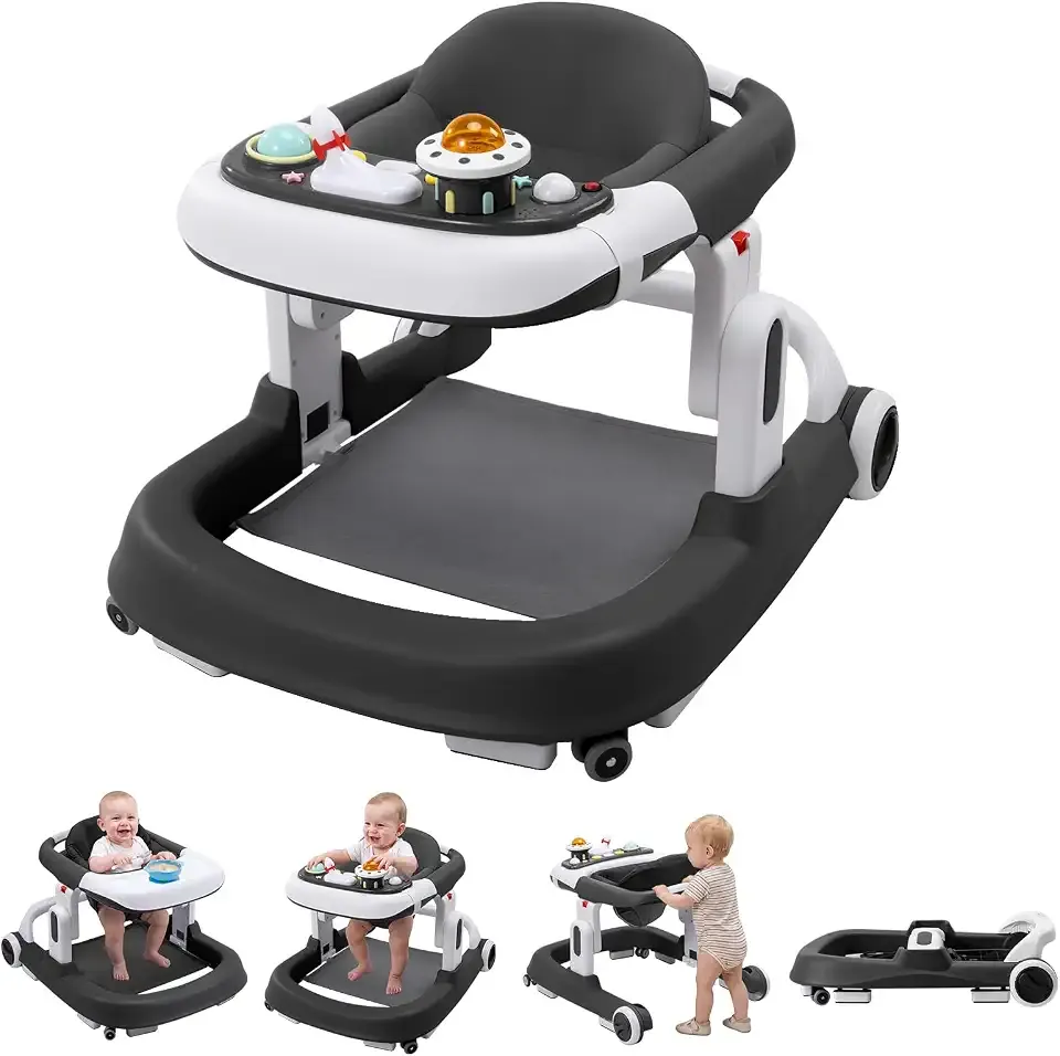 Baby Walker with Wheels, 5-in-1 Foldable Infant Toddler Walker for Boys Girls 6-18 Month,One-Step Fold Structure, 3 Adjustable Heights, Detachable Seat,Push Walker with Speed Control Wheels, Black