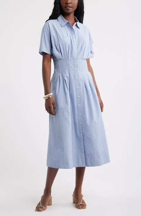 Caslon® Stripe Pleated Dolman Sleeve Midi Shirtdress