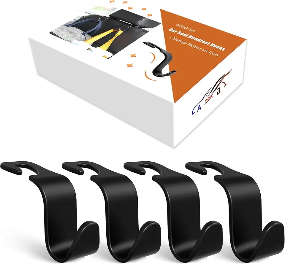 Amooca 4-Pack Car Headrest Hooks Vehicle Storage Organizer for Purses Handbags Groceries Backpack Coats –Holds 55lbs 360° Rotating Black