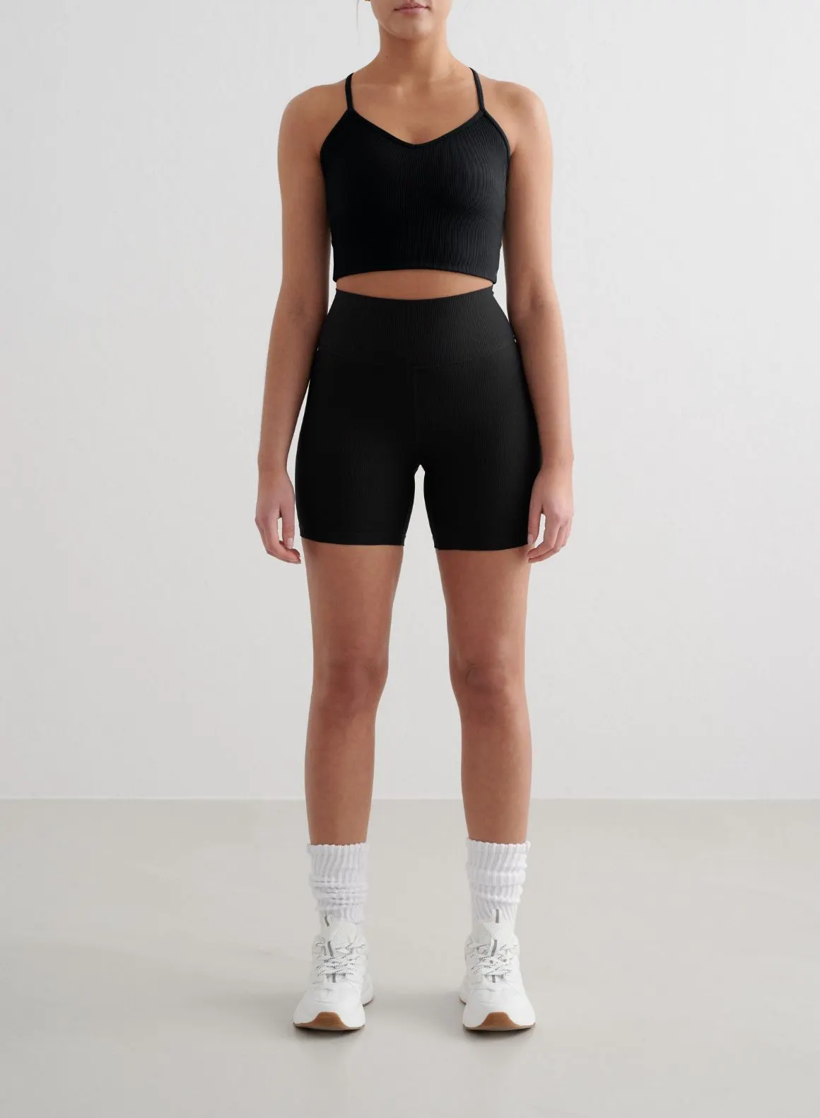 Black Ribbed Performance Midi Biker Shorts