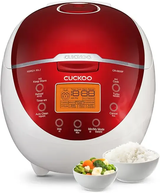 CUCKOO Micom Rice Cooker 6 Cup Uncooked / 12 Cup Cooked, Fuzzy Logic Rice Maker with Delay Timer & Keep Warm Setting, Versatile Food Steamer for Cooking, Non-Stick Inner Pot, Red (CR-0655F)
