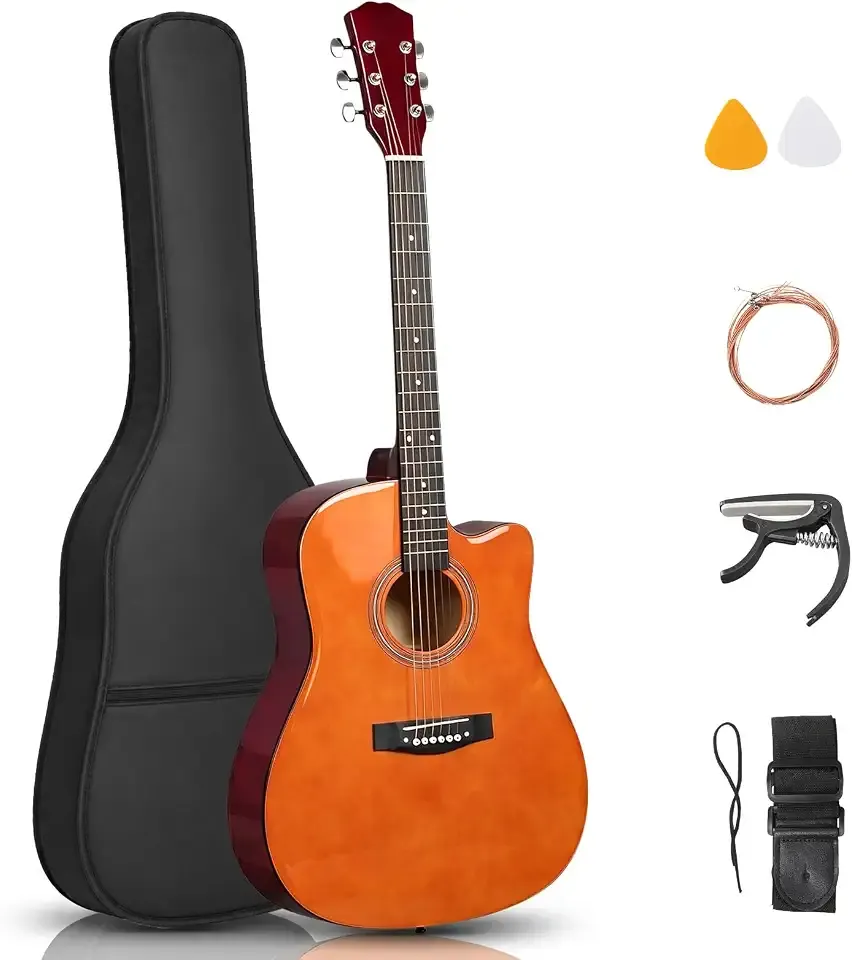 Ktaxon 41 Inch Acoustic Guitar with Gig Bag for Beginner, Brown | 4/4 Full Steel Guitars Kit with Extra Strings, Strap, Picks, Capo, For Travel Adults & Players, Basswood, Classical Design
