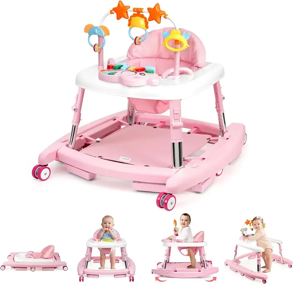 5-in-1 Music and Lights Baby Walker Foldable with 5 Adjustable Heights, Baby Walker with Wheels and Bouncer Combo Portable, Infant Toddler Walker for Baby Boy Girls 6-18 Months