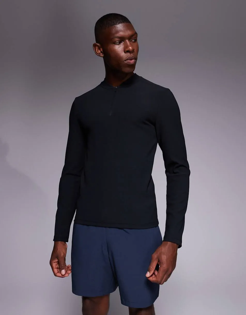 4505 active rib slim fit long sleeve zip up running top in black