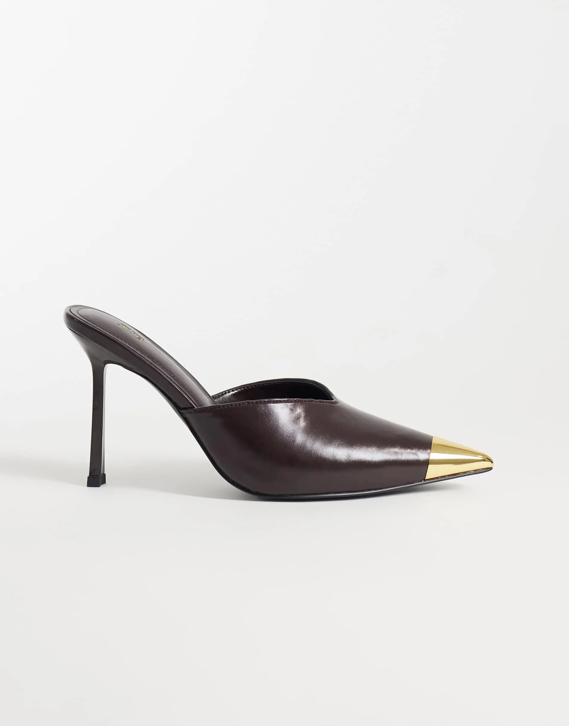 JW PEI Savannah mule heels with metal toe detail in brown