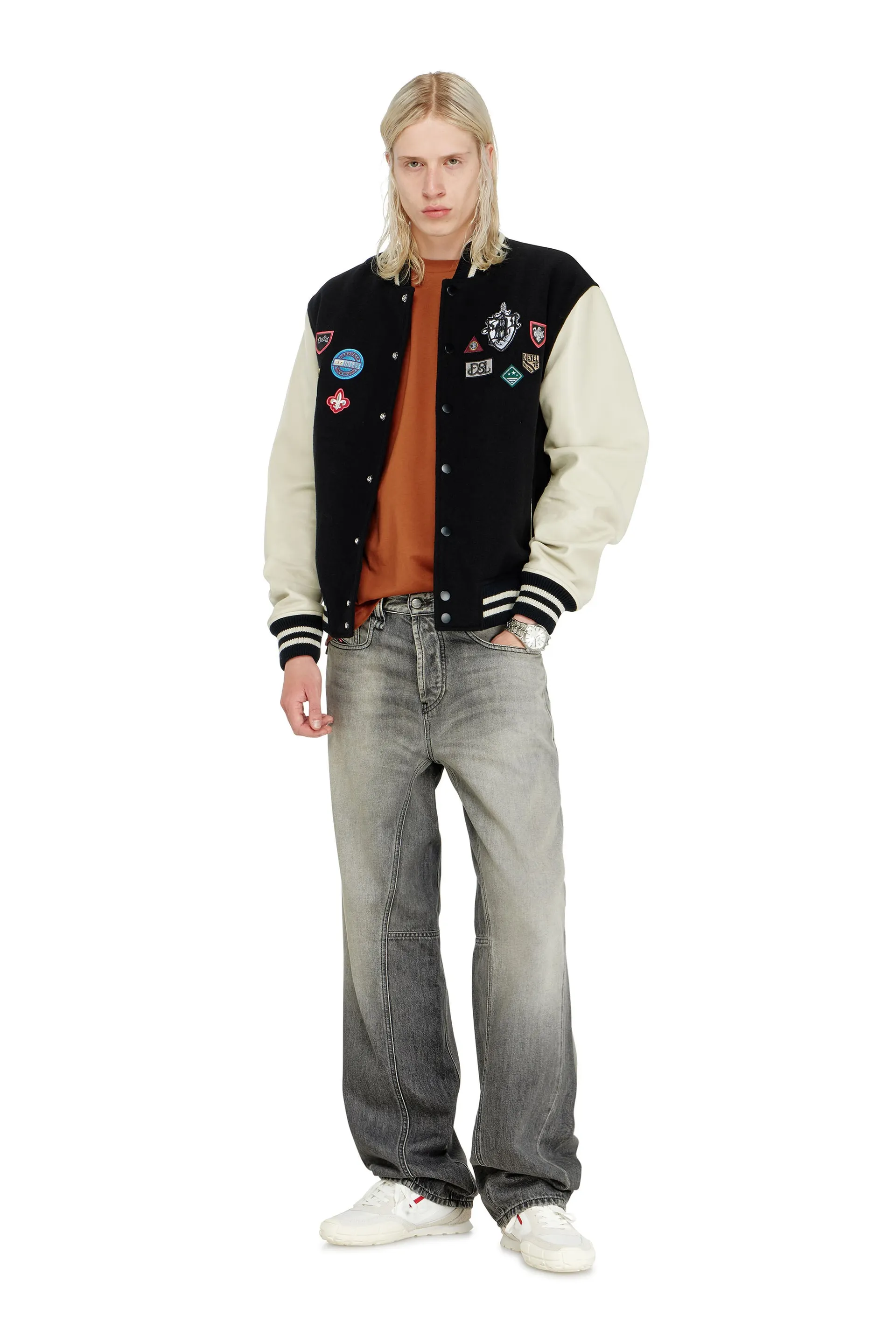 Wool and leather bomber jacket with patches