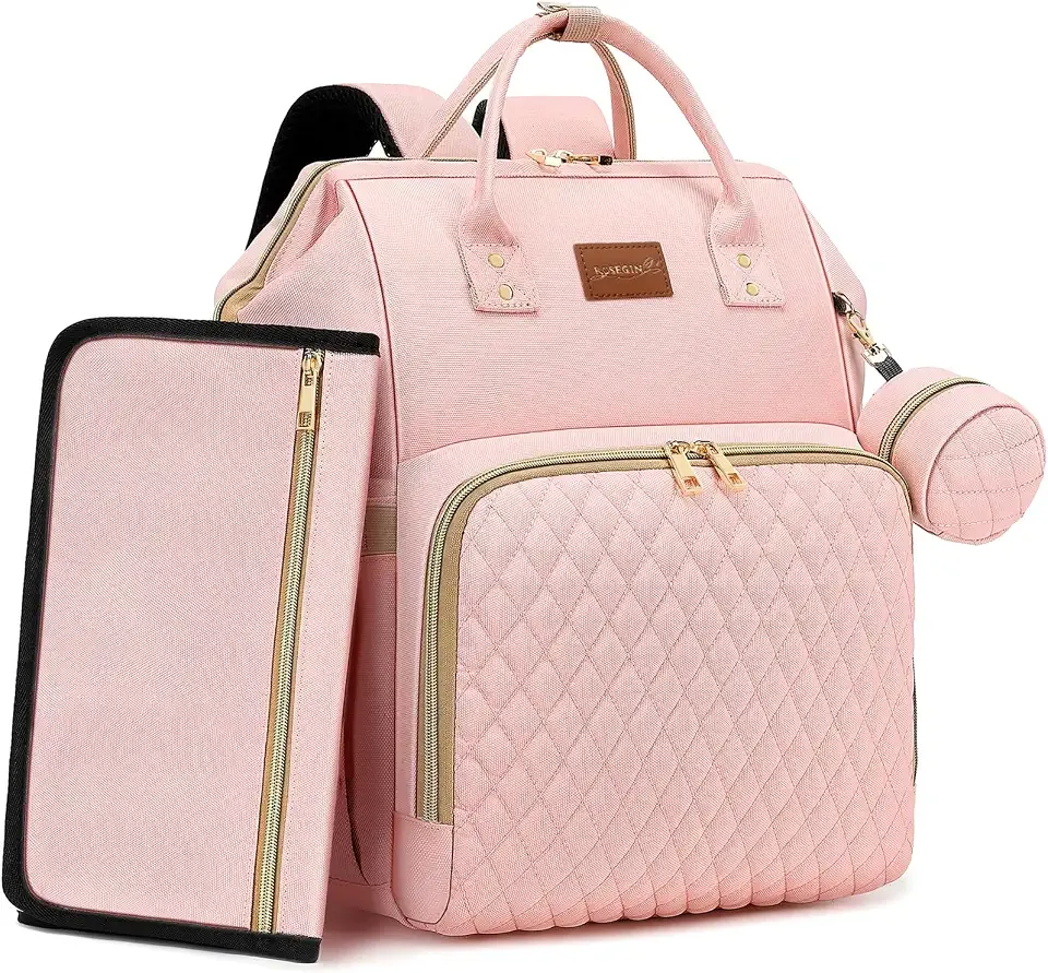 ROSEGIN Pink Diaper Bag Backpack for Baby Girls - Baby Shower Gifts for Mom, Quilted Diaper Bag with Changing Pad, Pacifier Case, Insulated Pockets, Stroller Straps, 35L Large Capacity - Cute