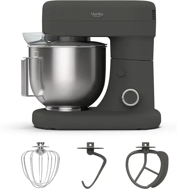 Martha Stewart 5.3QT Tilt Head Stand Mixer, 12 Speeds, Stainless Steel Bowl | Dough Hook, Stainless Whisk, Beater, Removable Splash Shield, Bread, Cake & Whipping, Electric Kitchen Mixer, Caviar Gray