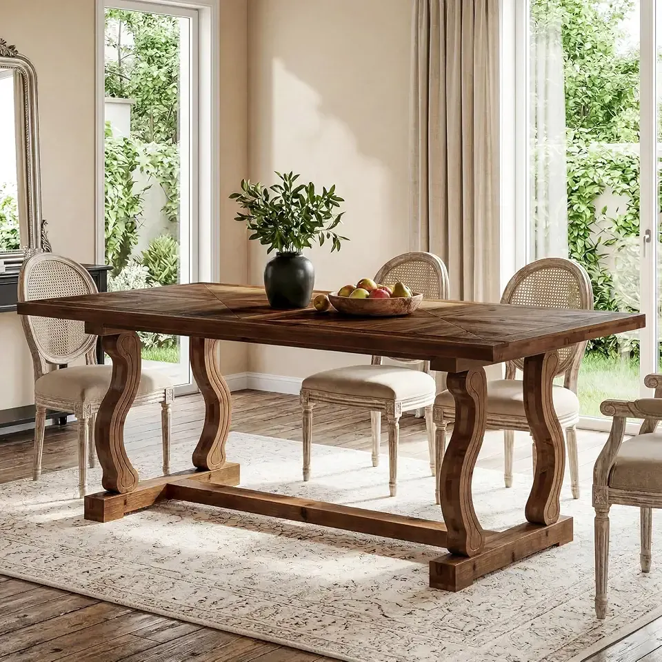 Solid Wood Dining Table for 4-6 People, 63" Kitchen Table | Farmhouse Rectangle Diamond Parquetry Top and S-Scroll Legs, Large Rustic Wooden Kitchen & Dining Room Furniture, Walnut