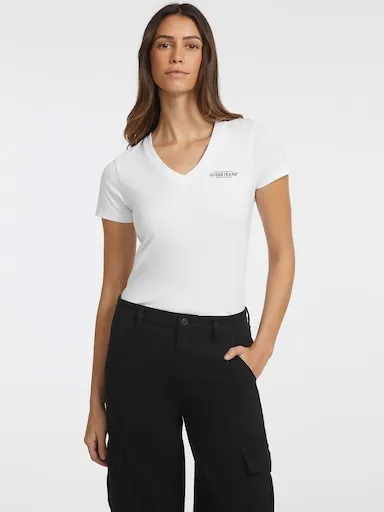 Guess Short Sleeve V Neck Slim Mini America Tee In White