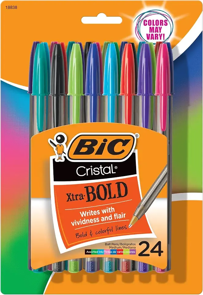 BIC Cristal Xtra Bold Ballpoint Pens, Bold Point, 1.6 mm, 24-Count Pack | Bold Point 1.6 Mm for Smooth Writing, Assorted Colors for Color-Coding, Ideal for School Supplies and Coded Notes