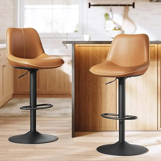 VASAGLE Bar Stools Set of 2, Adjustable Height Swivel Barstools with Ergonomic Backrest, Synthetic Leather, Larger Metal Base, Modern Tall Bar Chairs for Kitche…