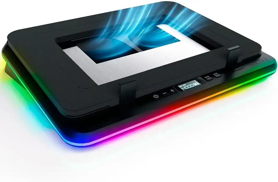 KLIM Turbofrost Laptop Cooling Pad for Gaming – 4 x 4000 RPM Turbo Fans, RGB Lighting, 4 USB Ports, Dual Power (USB-C/DC), Sealed Foam for Fast Cooling – Fits Up to 17” Laptops – Grey Space