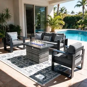 LayinSun 4 Piece Hight Back Aluminum Outdoor Furniture Set with Fire Pit Table, Modern Patio Conversation Sets