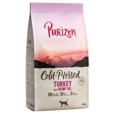 Offre d'essai : Croquettes, boîtes et friandises Purizon pour chat Croquettes Adult Coldpressed dinde, huile de chanvre (400 g)