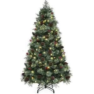 Árbol artificial verde de 6 pies con mando a distancia, 650 puntas mezcladas, 36 piñas, 30 bayas rojas, 300 luces y 11 modos de iluminación