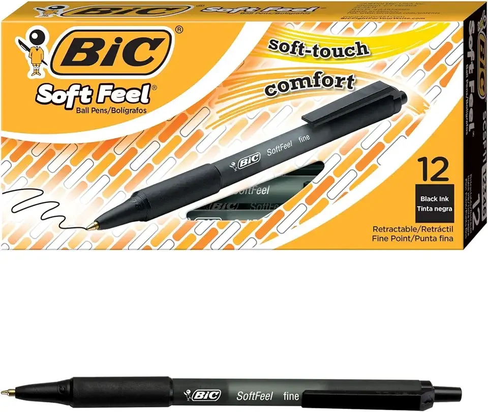 BIC Soft Feel Black Retractable Ballpoint Pens, Medium Point (1.0mm), 12-Count Pack, Black Pens With Soft-Touch Comfort Grip