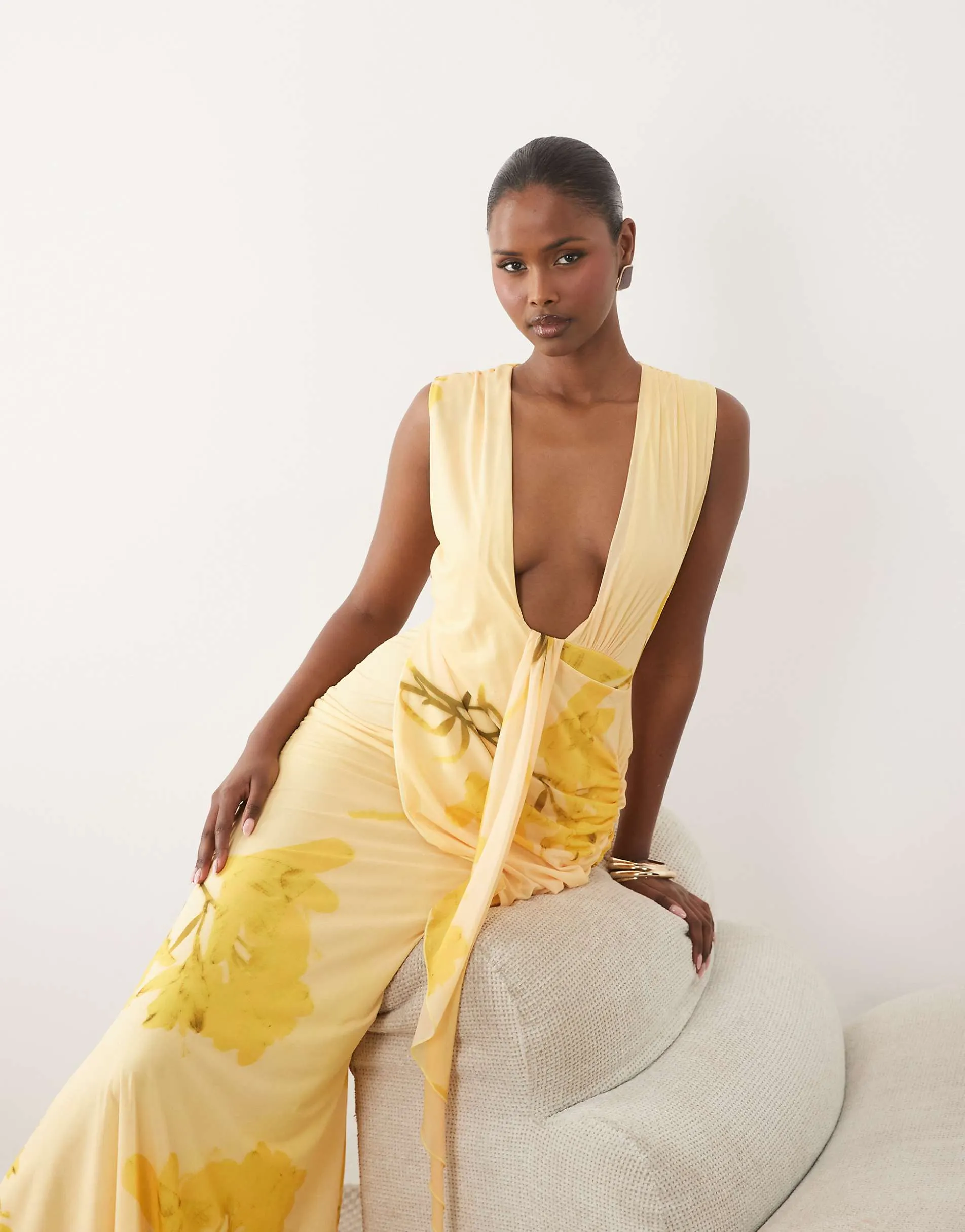 ASOS DESIGN scarf detail plunge draped maxi dress in yellow floral