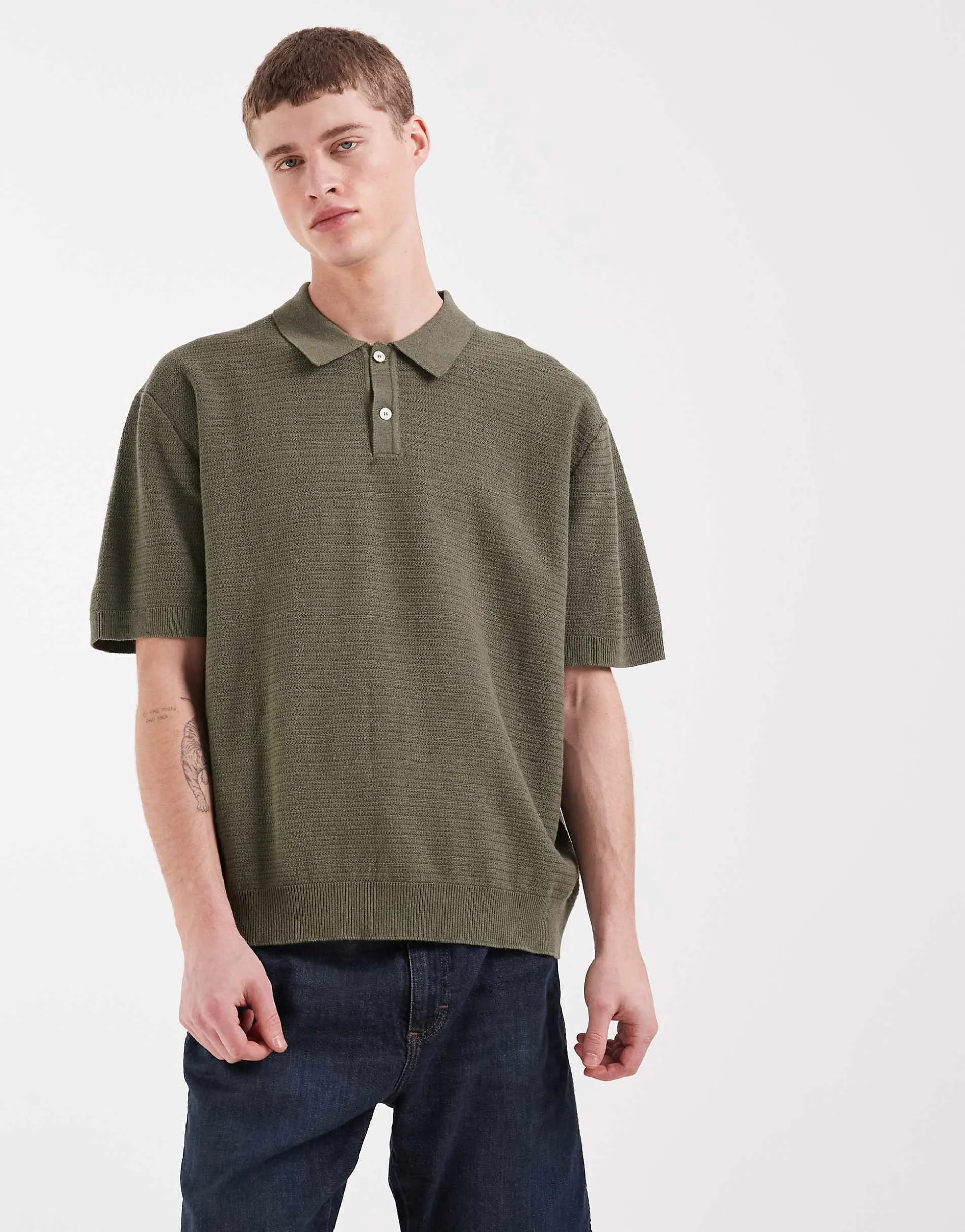 Redefined Rebel Izan boxy fit short sleeve knit polo in olive green