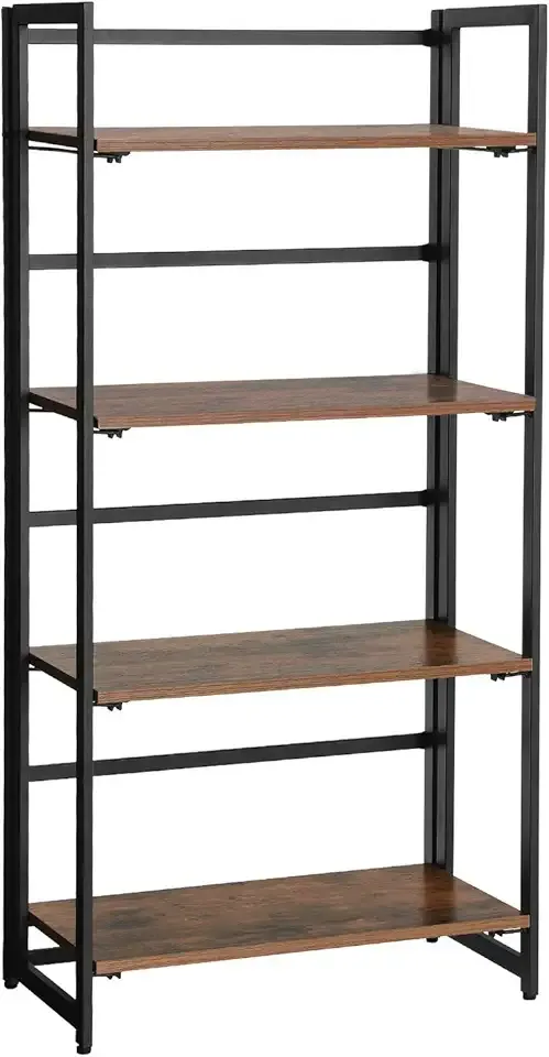 Industrial Bookshelf, Folding Bookcase, 4-Tier Ladder Shelf, Wood Look Accent Furniture with Metal Frame, for Home Office Sturdy and Stable ULLS88X