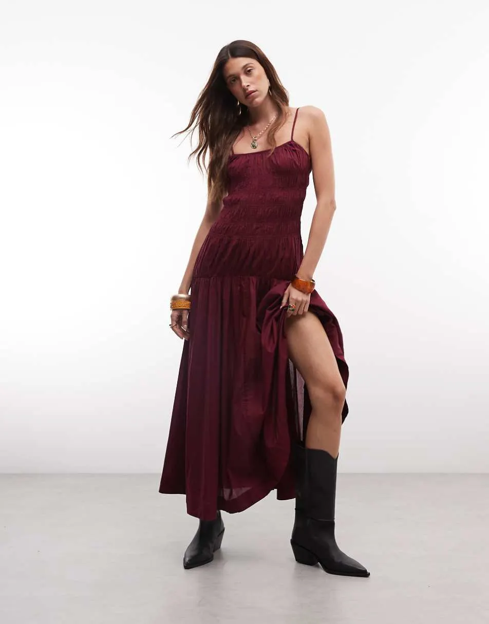 Gina Tricot pure cotton smock mini dress in burgundy