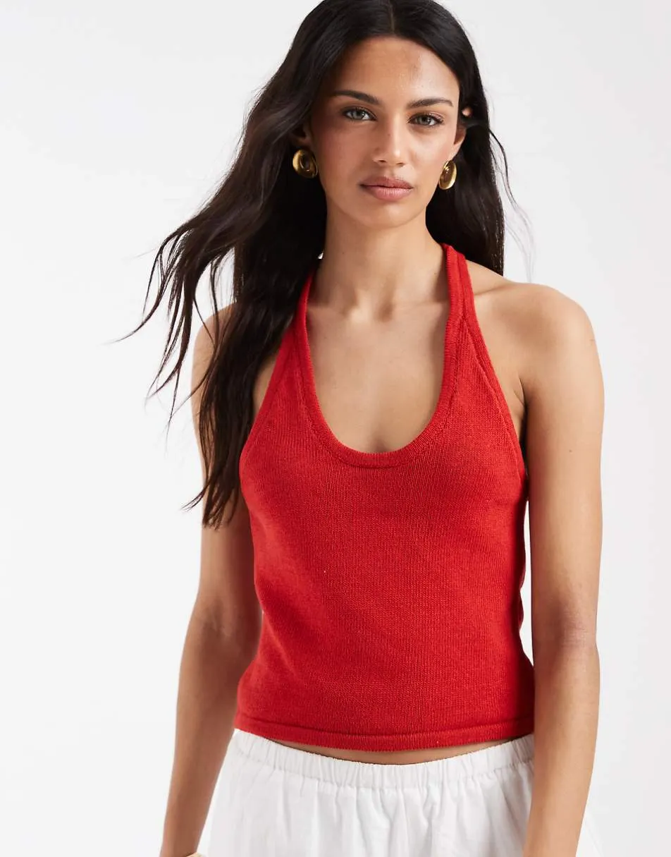 ASOS DESIGN knitted halter top with beads in red
