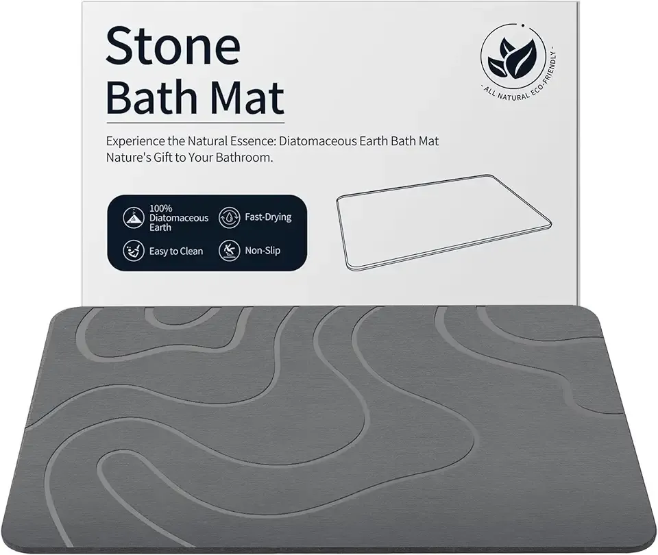 Stone Bath Mat Diatomaceous Earth Shower Mat Non-Slip Super Absorbent Diatomite Stone Mats for Bathroom Floor Quick-Drying Easy to Clean (24''*16'' Grey)