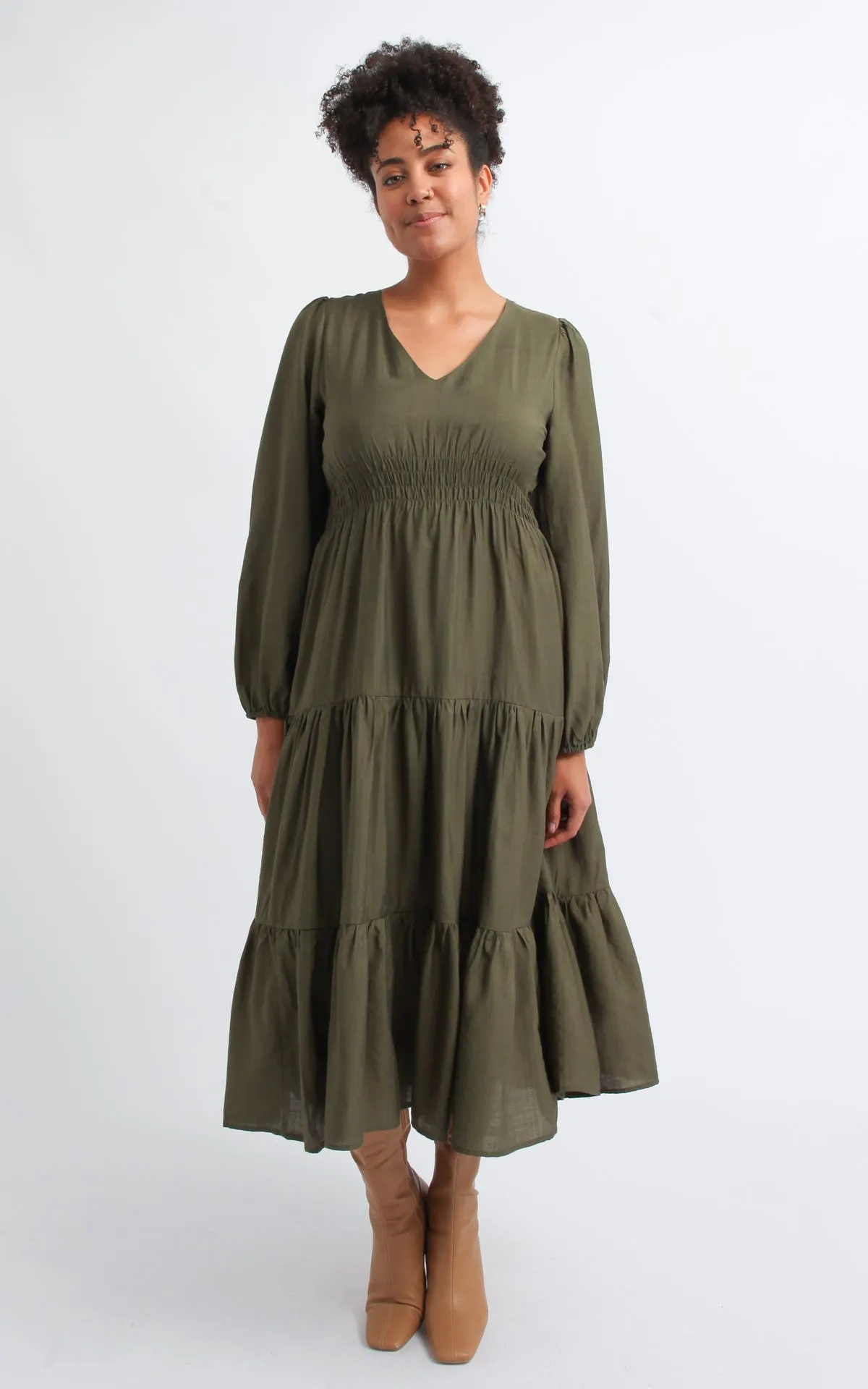 Voile V Neck LS Midi Dress