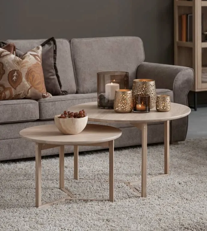 Timeless sofabord sett rundt Ø75xH48 / Ø58xH40 cm, hvitoljet massiv eik