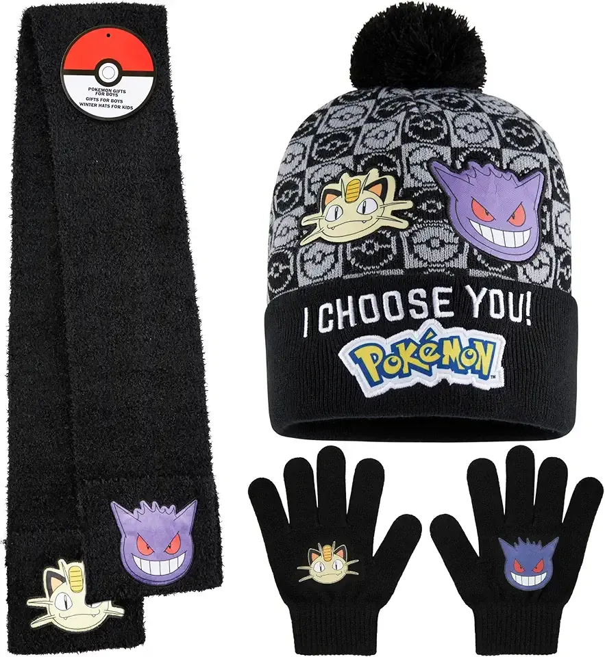 Pokemon Beanie, Gloves, and Scarf Set for Boys, 2 or 3 Pcs Winter Accessories, Winter Hat, Knit Gear, Gifts for Boys