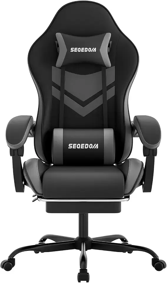 Gaming Chair with Footrest & Massage Lumbar Support, PU Leather Ergonomic High Back Swivel Height Adjustable Chair for Adults, Office Gaming, 300 lbs (Black Grey)
