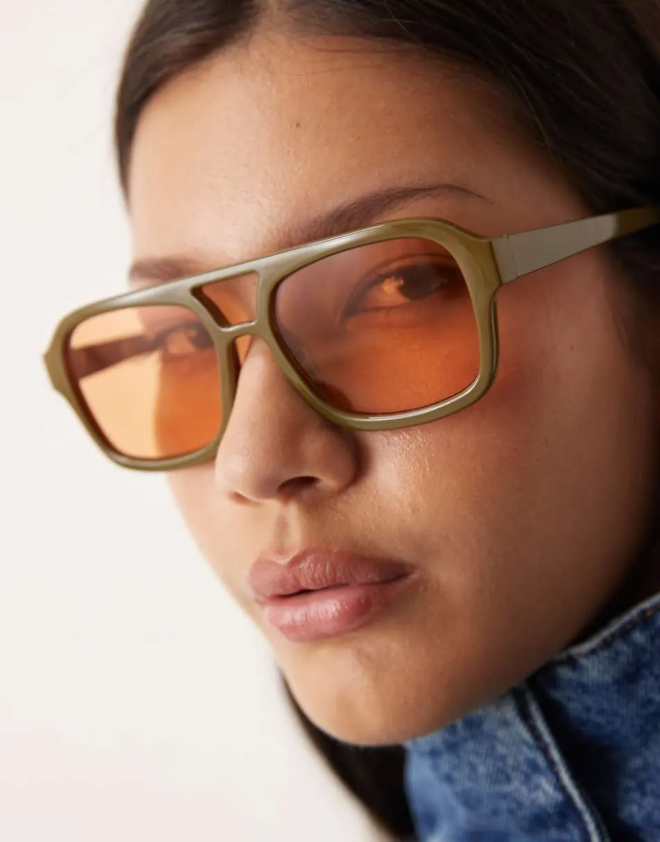 ASOS DESIGN aviator sunglasses in olive green with orange lenses