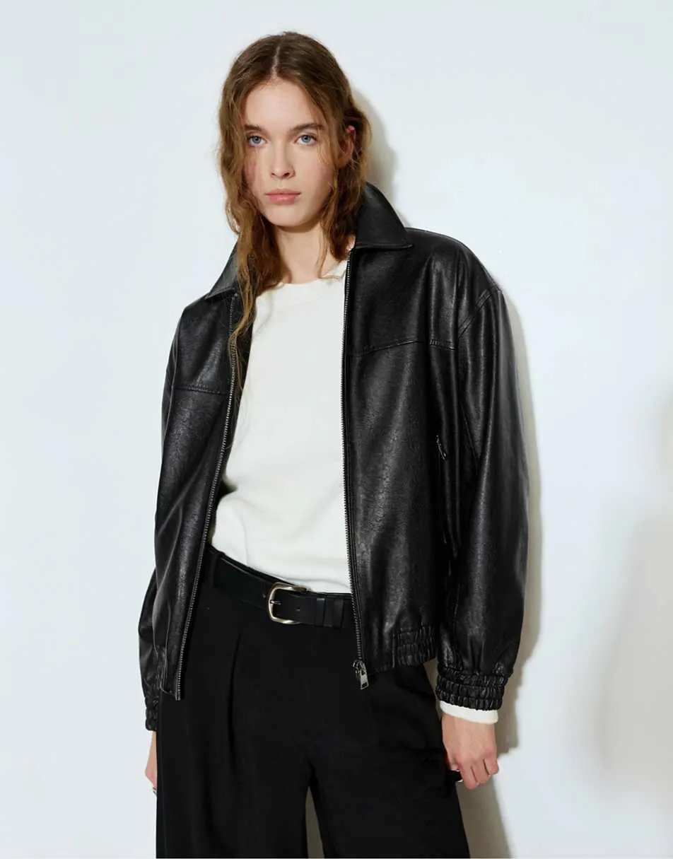 Pull&Bear Faux leather bomber jacket in black