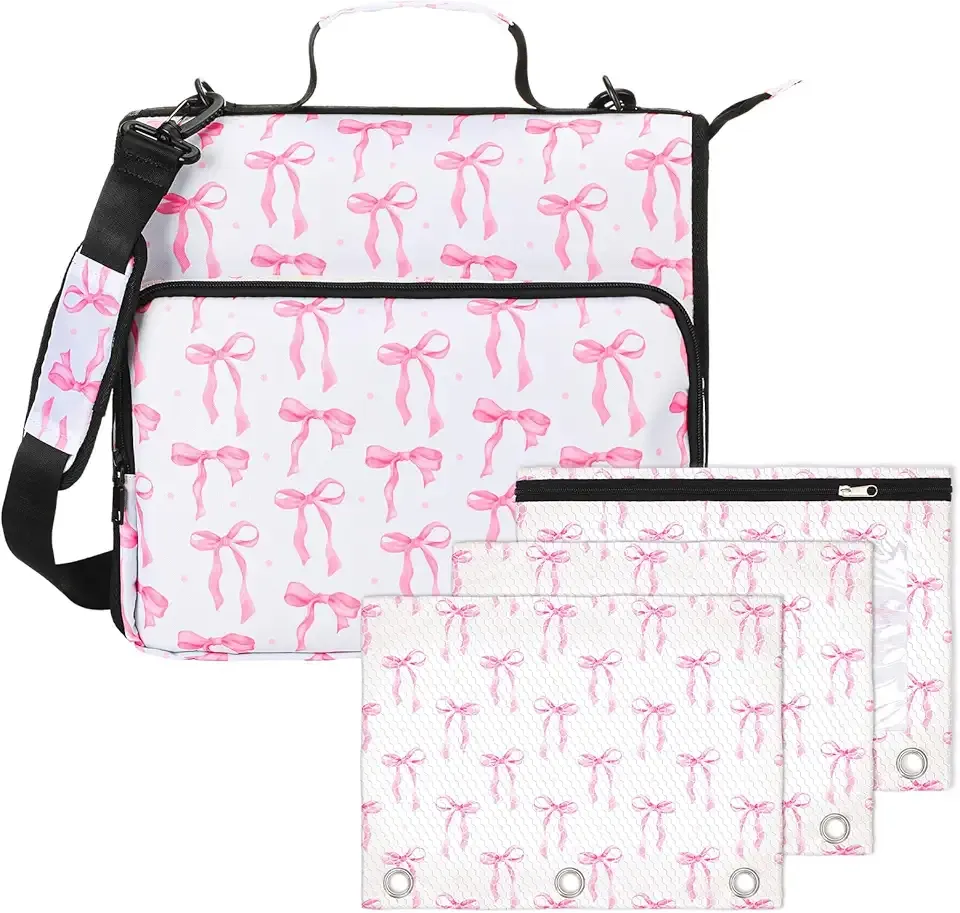wearage 4 Pcs Pink Bow Coquette Zipper Binder with Pouch Bag Set 1.5 Inch 3-Ring Expanding Folders with Shoulder Straps and Handle Bowknot Keeper Watercolor Zipper Case for Office