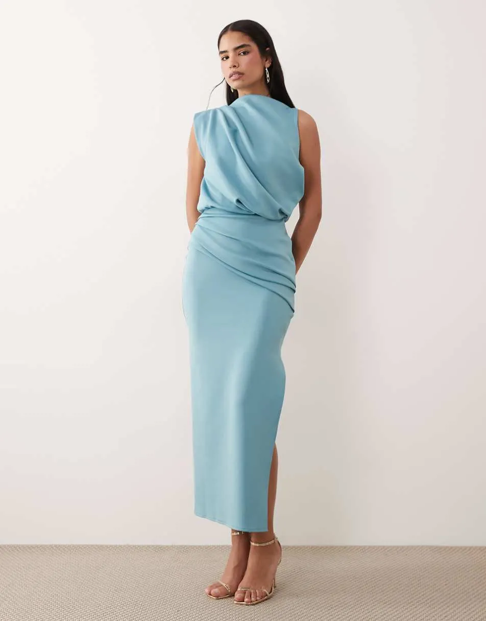 ASOS DESIGN draped structured midi dress with split in blue